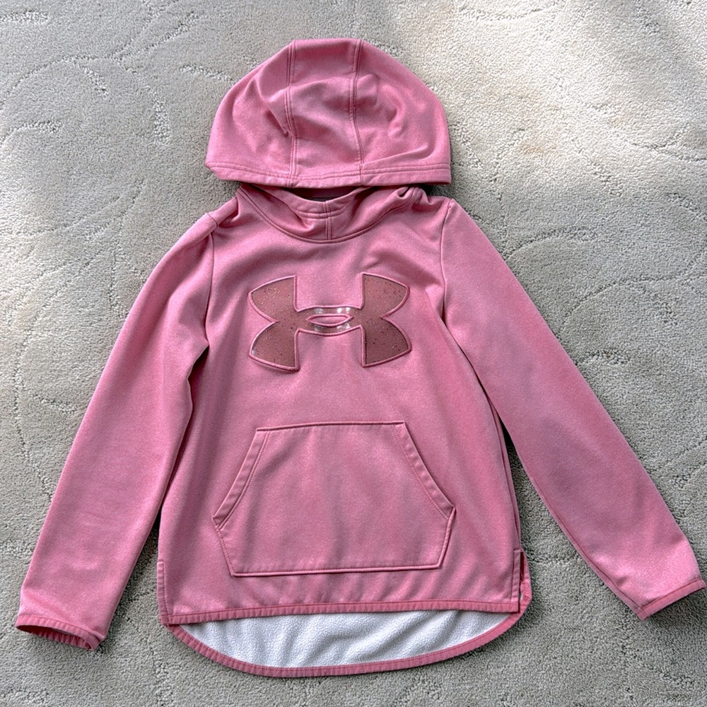 Under Armour Pink Pullover Hoodie, Pouch Pocket, Size Youth Small